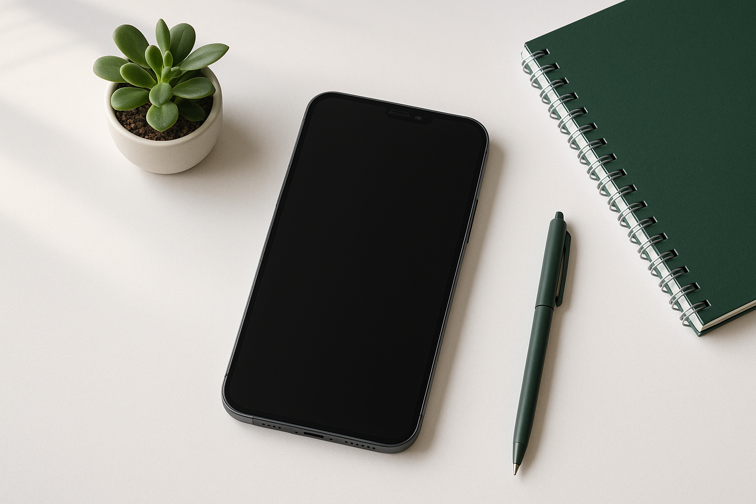 A clean editorial image of a smartphone with an AI answering service interface, styled with deep green accents against a minimal Australian office background.
