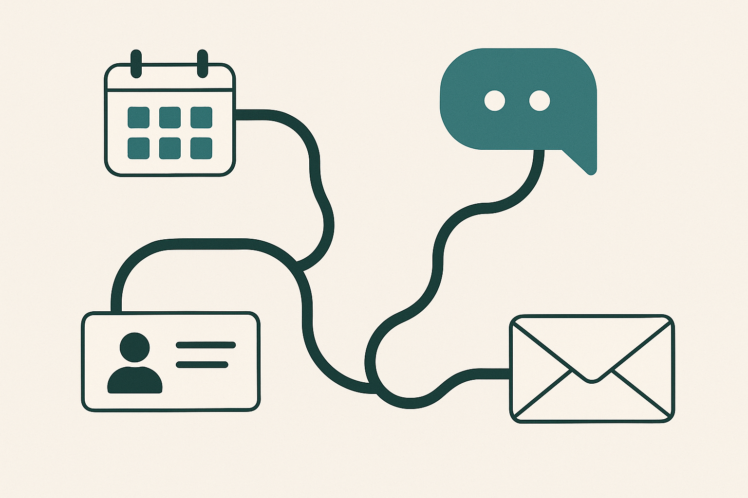 A clean editorial graphic illustrating an AI automation agency workflow connecting business tools with deep green accent lines