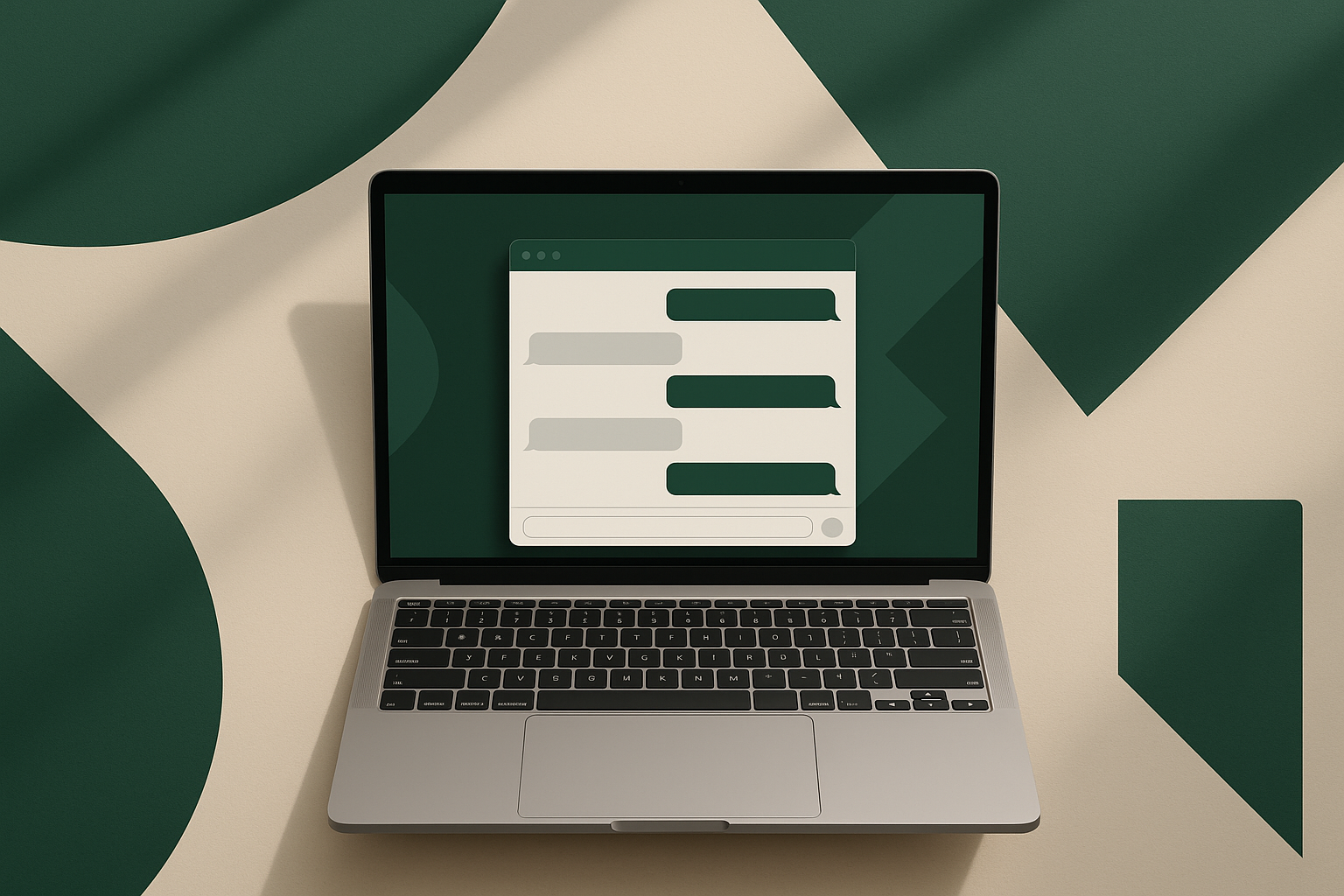 A clean editorial illustration of an AI chatbot for business interface on a laptop screen with a deep green accent colour scheme