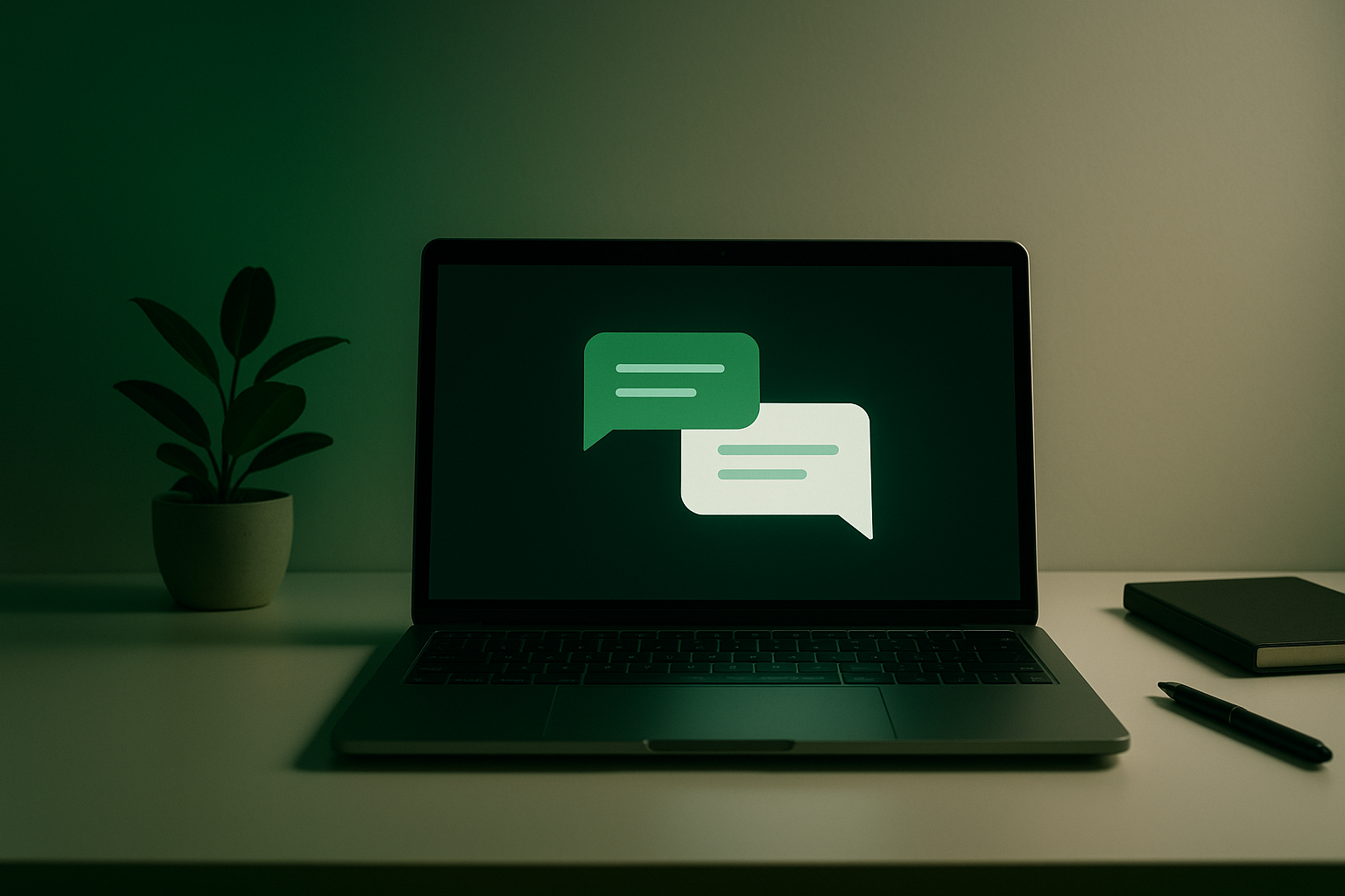 A clean editorial image showing a laptop displaying a chatbot conversation on a WordPress website with a deep green accent colour scheme