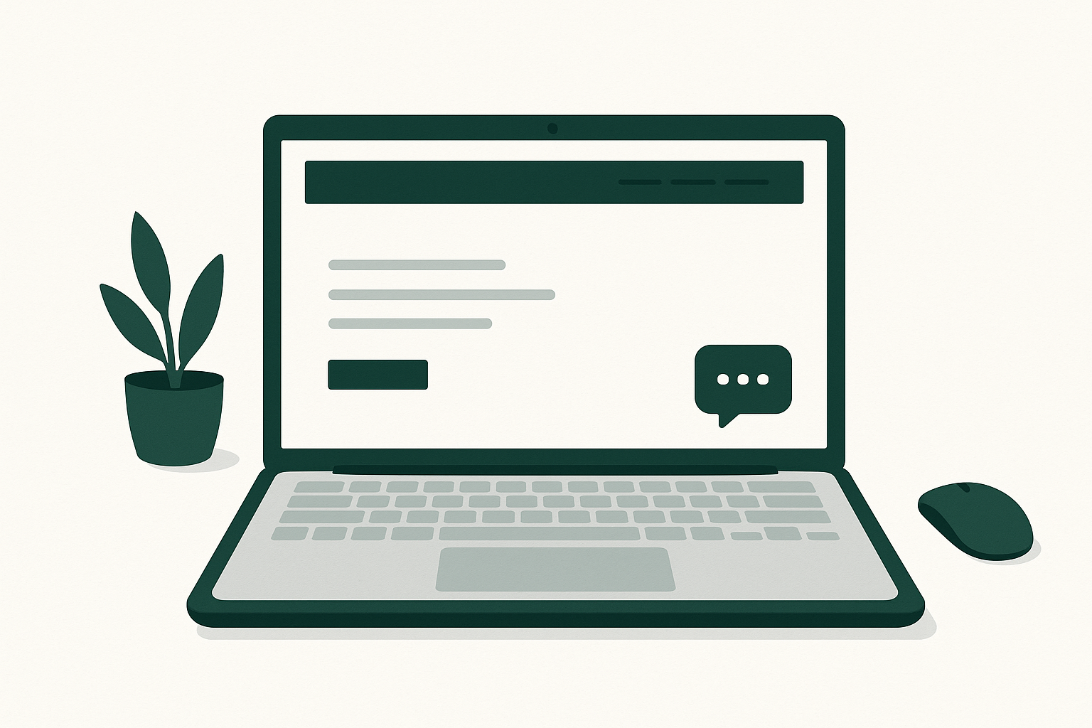 A clean editorial illustration showing a website chat widget on a laptop screen with a deep green accent, representing a free chatbot for website evaluation