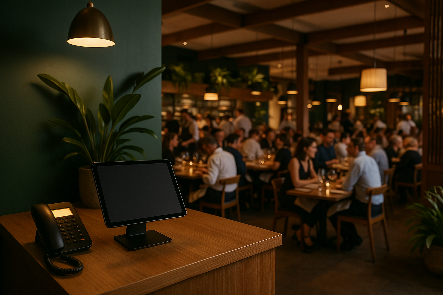 An Australian restaurant host at a busy front-of-house desk with a phone and tablet showing a restaurant phone answering service in use