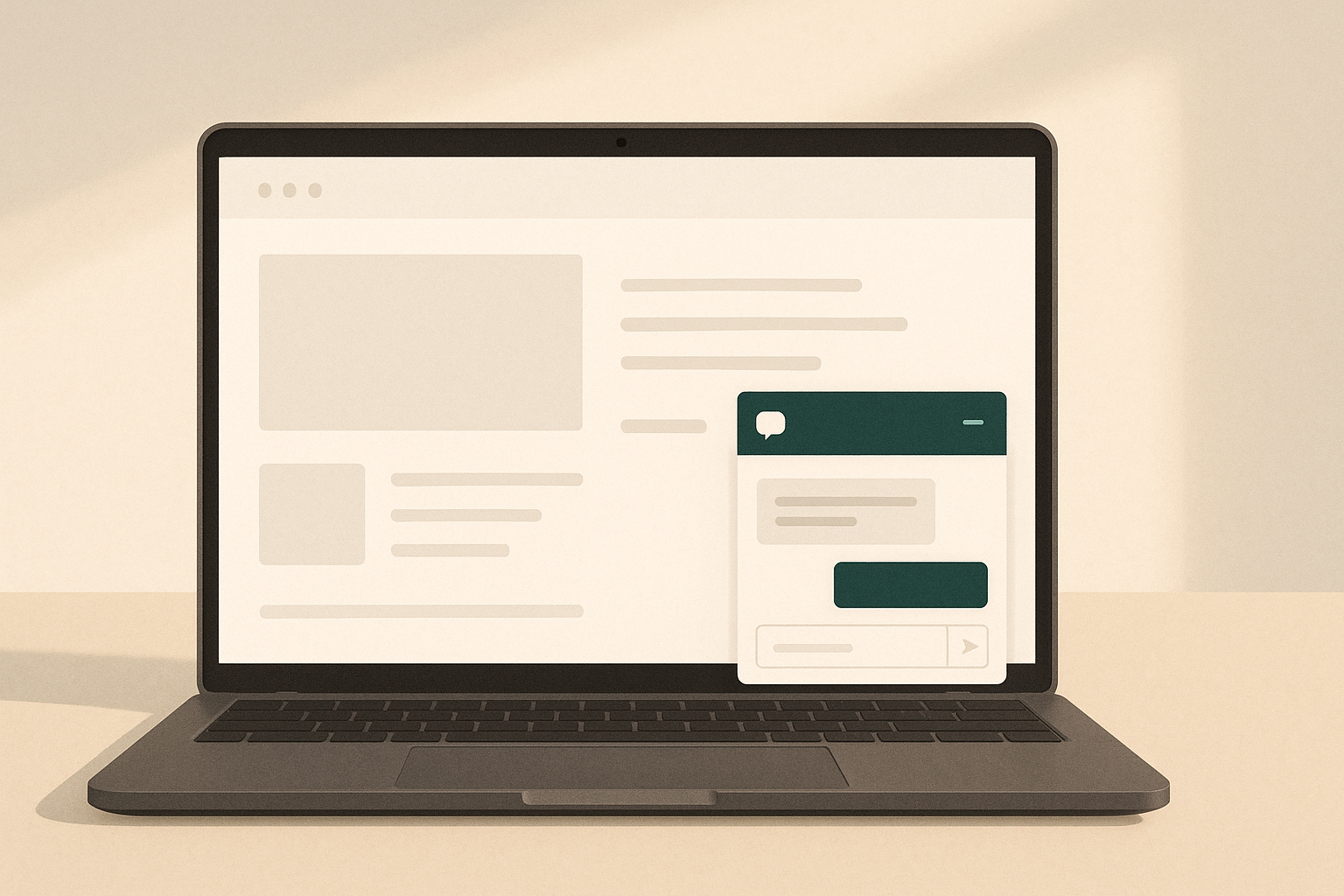 A clean editorial illustration of a website chatbot widget on a laptop screen with a deep green accent colour scheme