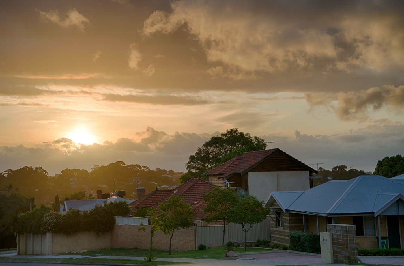 Rooftops of a Perth suburb at sunset, Western Australia